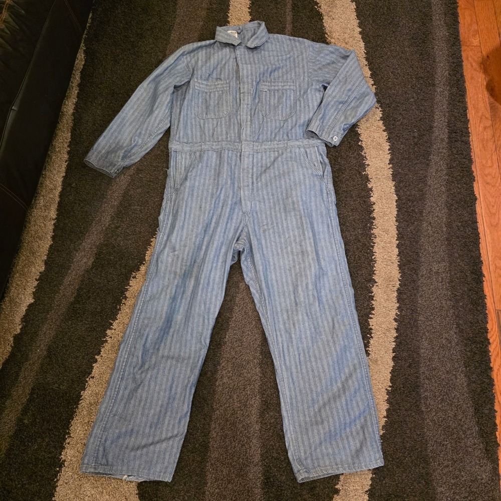 Vintage Topp Master Coveralls 44R Blue Herringbone Denim Workwear Jumpsuit USA
